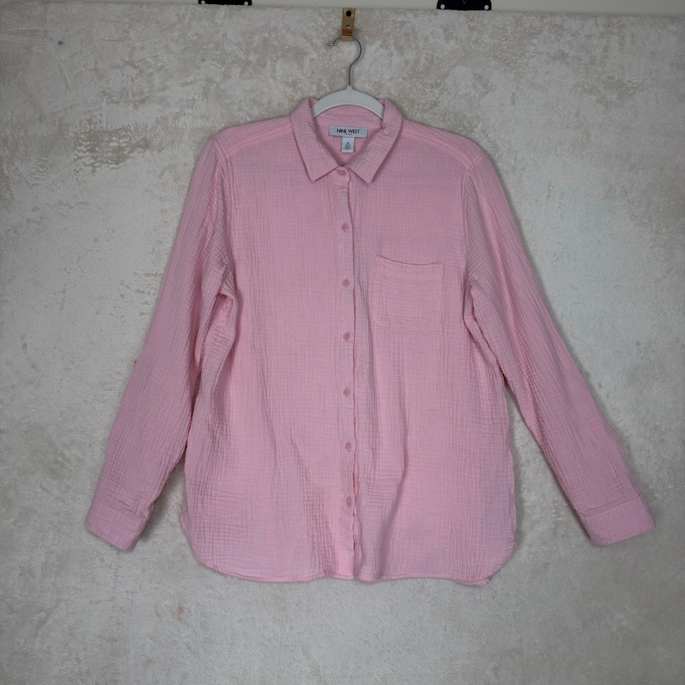 Nine West Jeans Pink Double Gauze Cotton Button Down Shirt Womens Medium